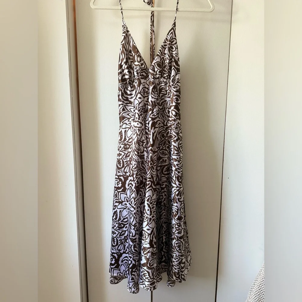 Vintage Y2K 2000s Alyn Paige Brown and White Floral Halter Mini-Midi Dress - Picture 1 of 6